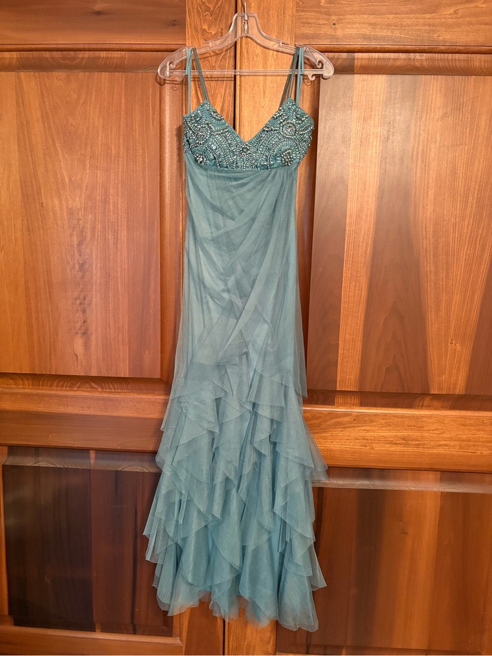 Beaded Teal Ruffled Spaghetti Strap Dress